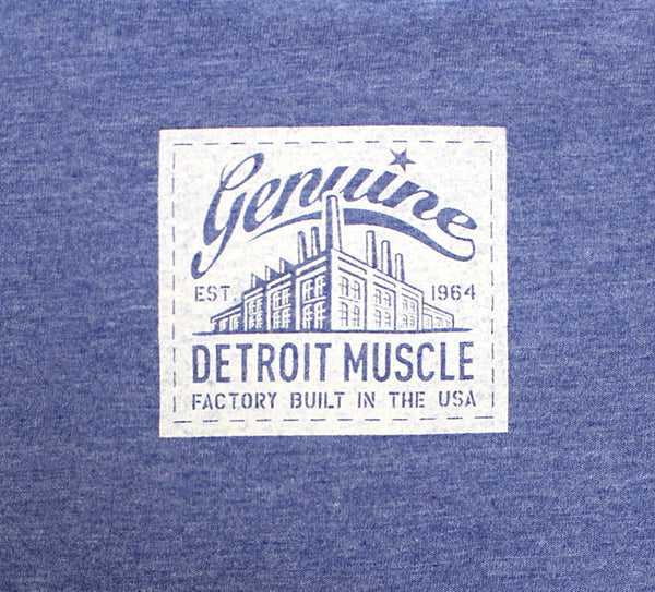 Pontiac Muscle Logo Front, Small Factory Tag Back, Heather Blue, Ladies T