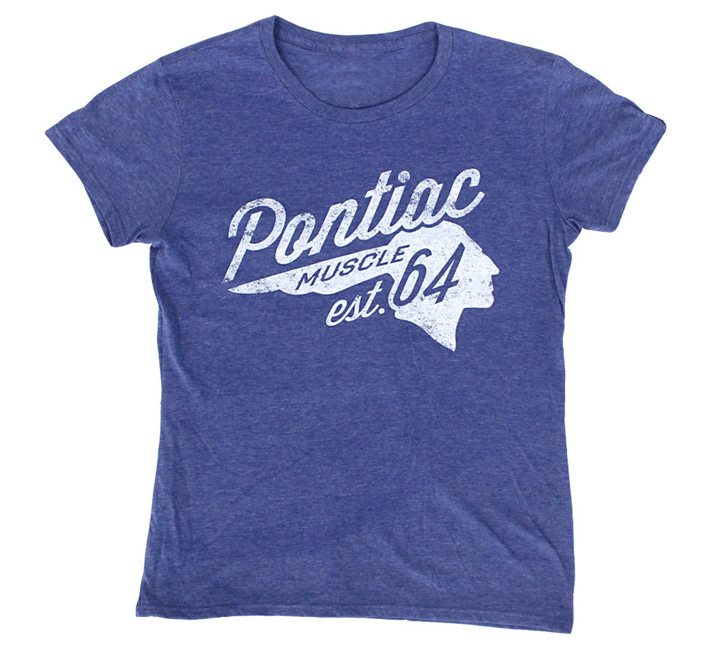 Pontiac Muscle Logo Front, Small Factory Tag Back, Heather Blue, Ladies T