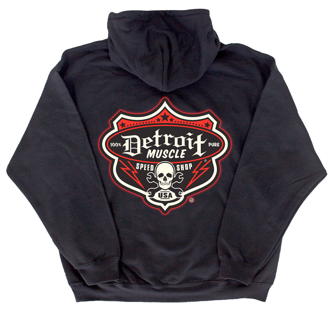 Speedshop Shield Hoodie, Detroit Muscle logo front, Speedshop Logo bac