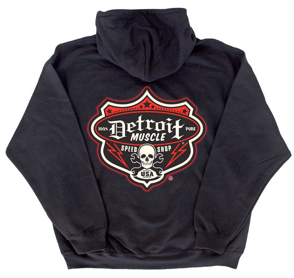 Speedshop Shield Hoodie, Detroit Muscle logo front, Speedshop Logo back, Black