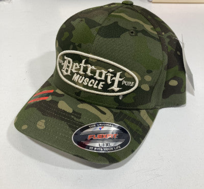 Detroit Muscle Flex Fit Hat Woodland Camo with White Puff Logo