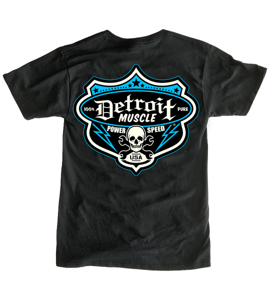 Detroit Muscle Logo Front, Speedshop Shield Logo, Blue, Back