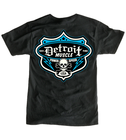 Detroit Muscle Logo Front, Speedshop Shield Logo, Blue, Back