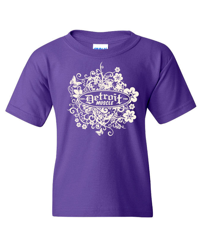 Flower Logo Front, Car Girl Back, Youth Purple Tee