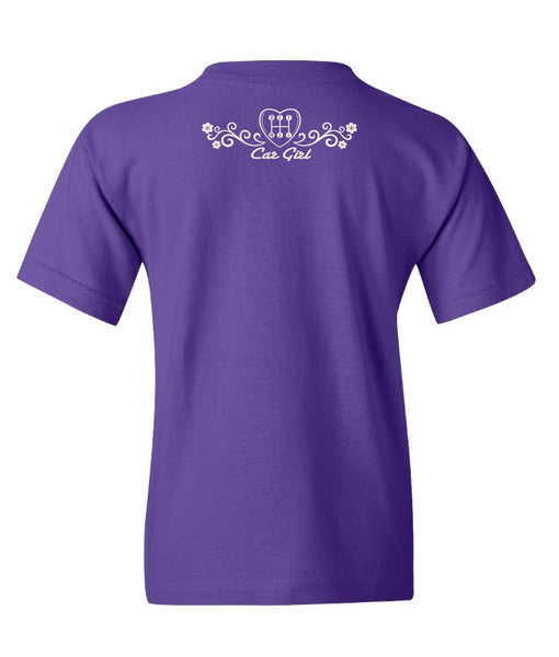 Flower Logo Front, Car Girl Back, Youth Purple Tee
